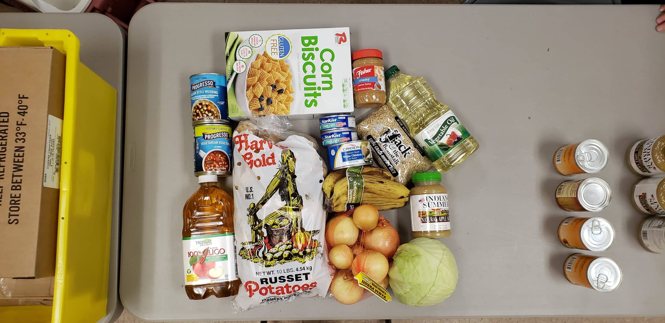 A pile of groceries organized on a table