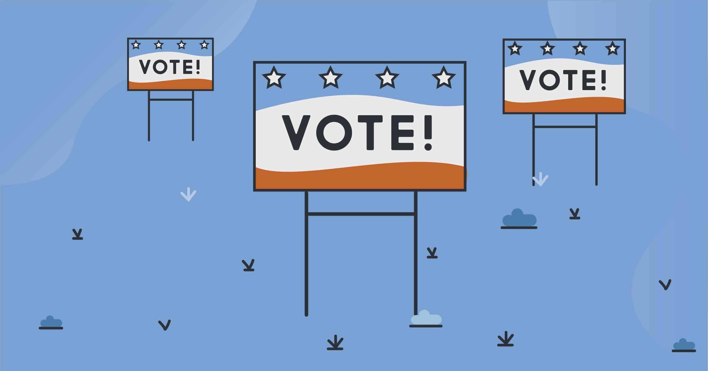 A graphic illustration of red, white, and blue lawn signs that say "Vote!"