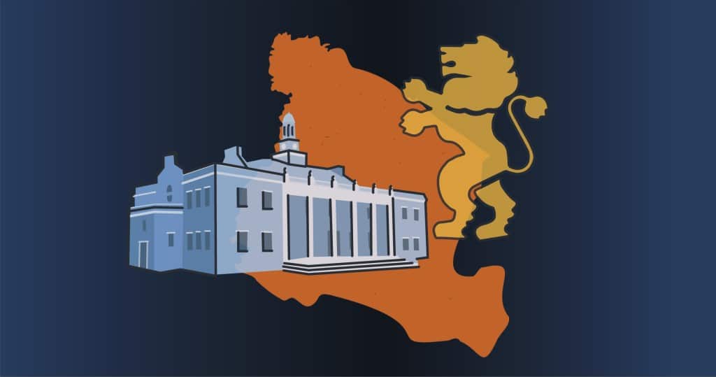 An outline of Essex County, a town hall building, and the Essex County lion insignia overlaid.