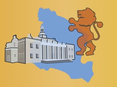 An outline of Essex County, a town hall building, and the Essex County lion insignia overlaid.