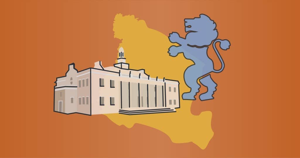 An outline of Essex County, a town hall building, and the Essex County lion insignia overlaid.