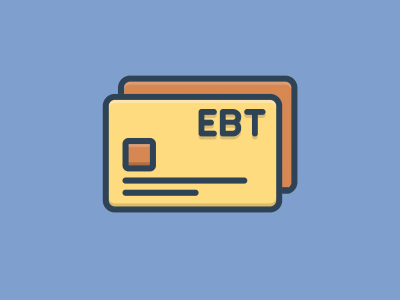 A graphic illustration of a credit card with the letters "EBT" on it with another blank card behind it.