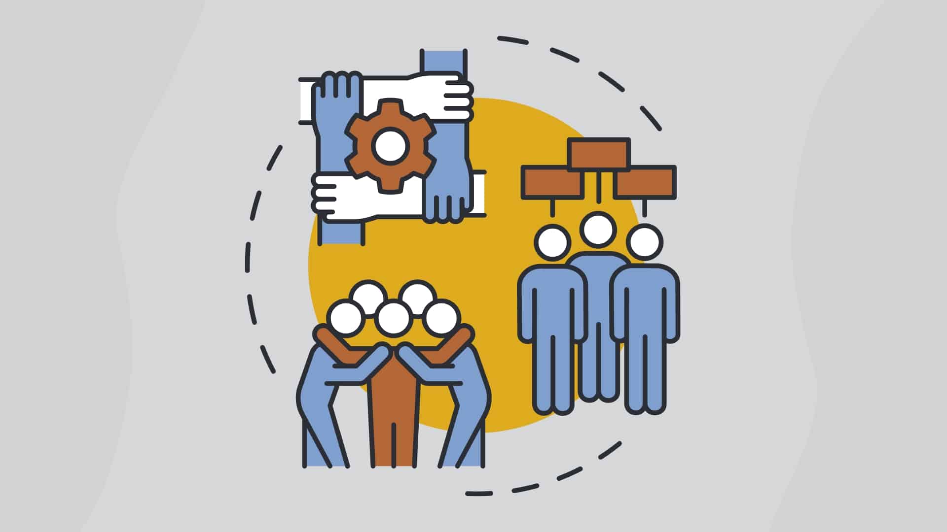A graphic depicting a group of people in three stages: huddling together, agreeing to a plan, and hold