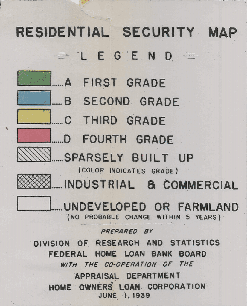 A key for the redlining map shows the color codes indicating the desirability of areas of Essex County, including grades 1-4 as well as undeveloped or commericial areas.