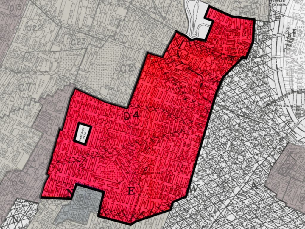 Highlighted federal map of Newark's Central Ward in the 1930s.