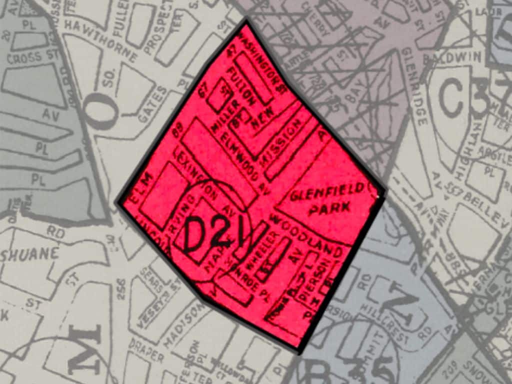 Highlighted federal map of Montclair's South Side in the 1930s with a focus on south of Bloomfield Avenue.