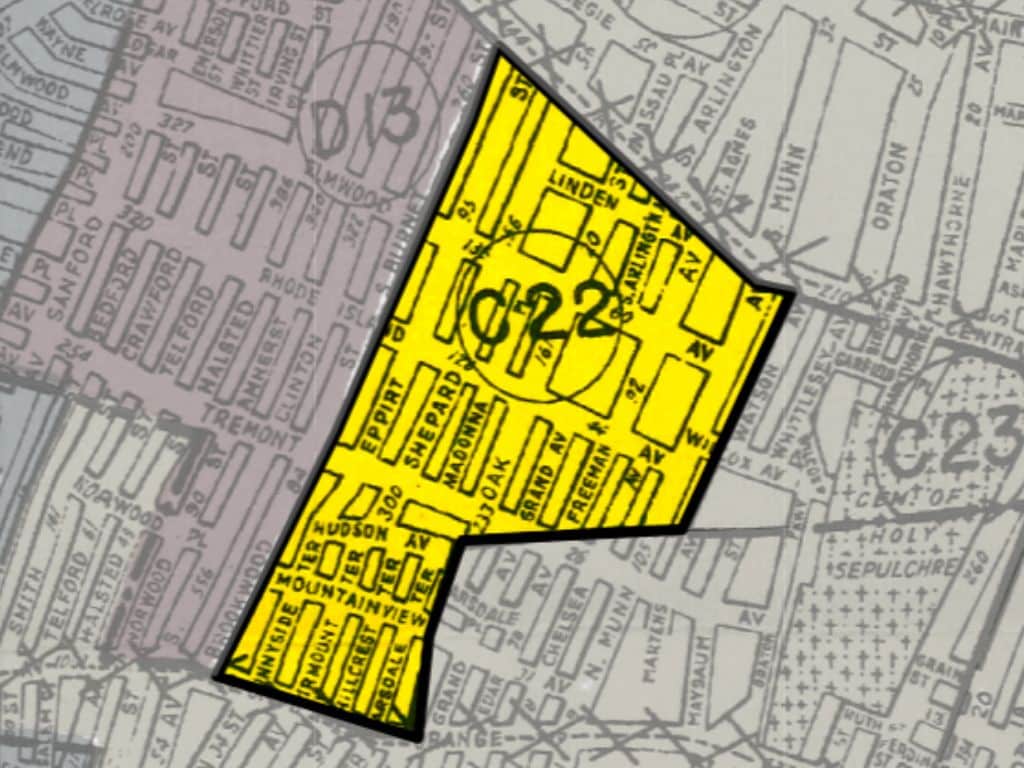 Highlighted federal map of east of Grove Street in East Orange in the 1930s.