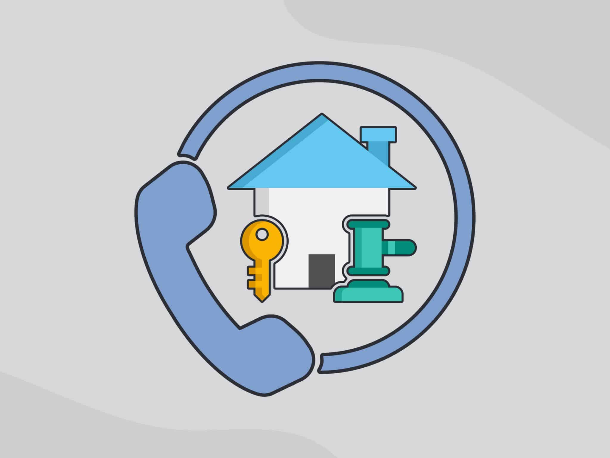 The image features a blue telephone receiver forming a circular outline with graphic of a house with a blue roof, a yellow key, and a green gavel. It has a plain gray background.