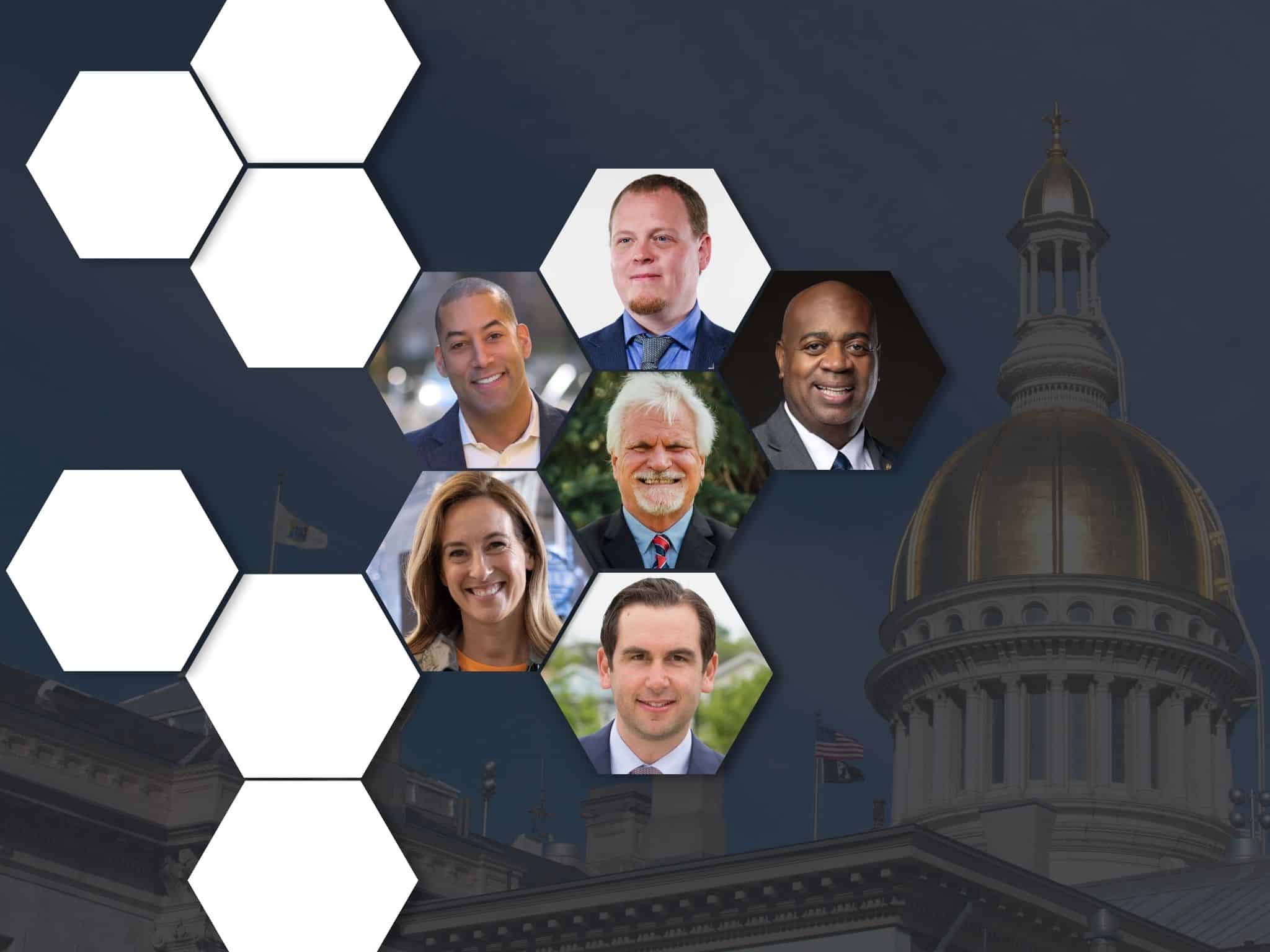 Gráfico de estilo collage que presenta recortes hexagonales de seis personas, cada una en una foto profesional, dispuestas en el centro de la imagen. El fondo muestra la cúpula del Capitolio del Estado de Nueva Jersey, parcialmente descolorida. Hay formas hexagonales en blanco esparcidas a la izquierda, lo que sugiere lugares reservados. Los individuos son cinco hombres y una mujer.