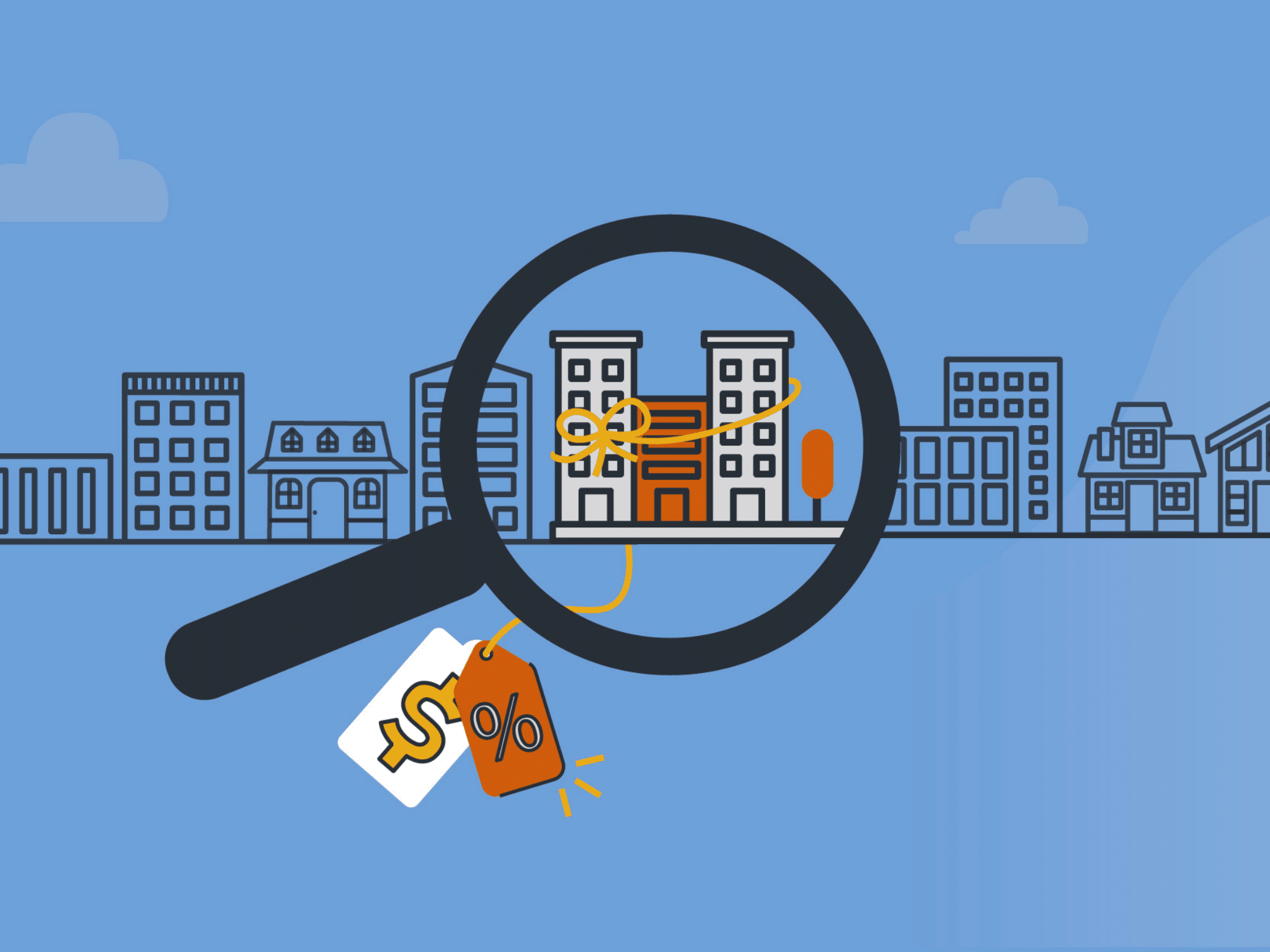 Illustration of a magnifying glass highlighting an apartment building with a price tag attached.