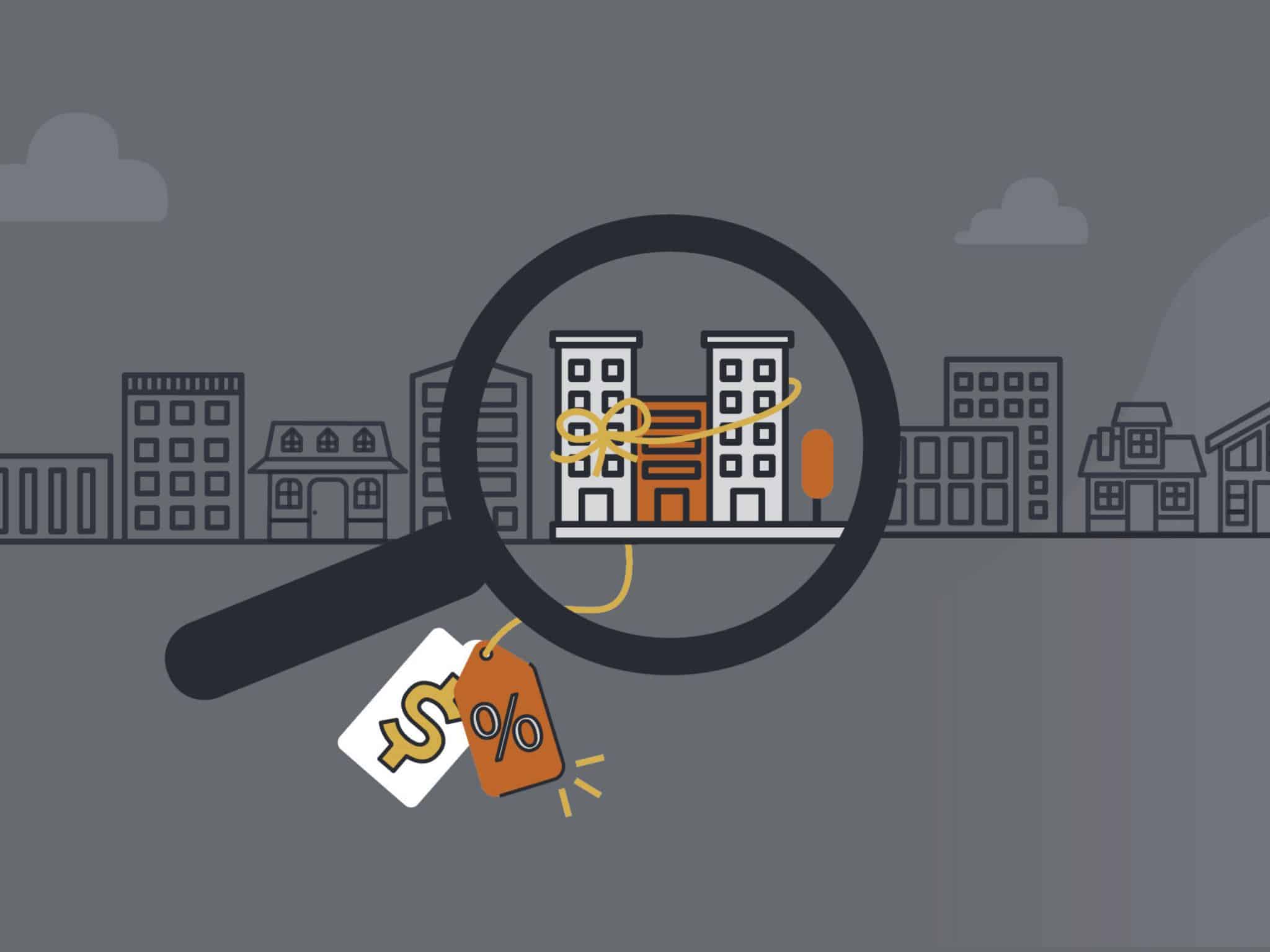 Ilustración de una lupa que resalta un edificio de apartamentos con una etiqueta de precio adjunta.
